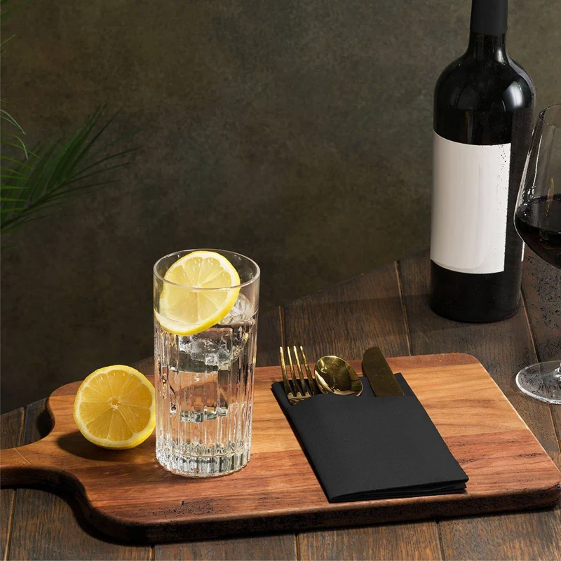 AAAU-300PCS مناديل عشاء للاستعمال مرة واحدة مع جيب مدمج لأدوات المائدة، قماش مسبق الطي مثل المناديل الورقية باللون الأسود #4