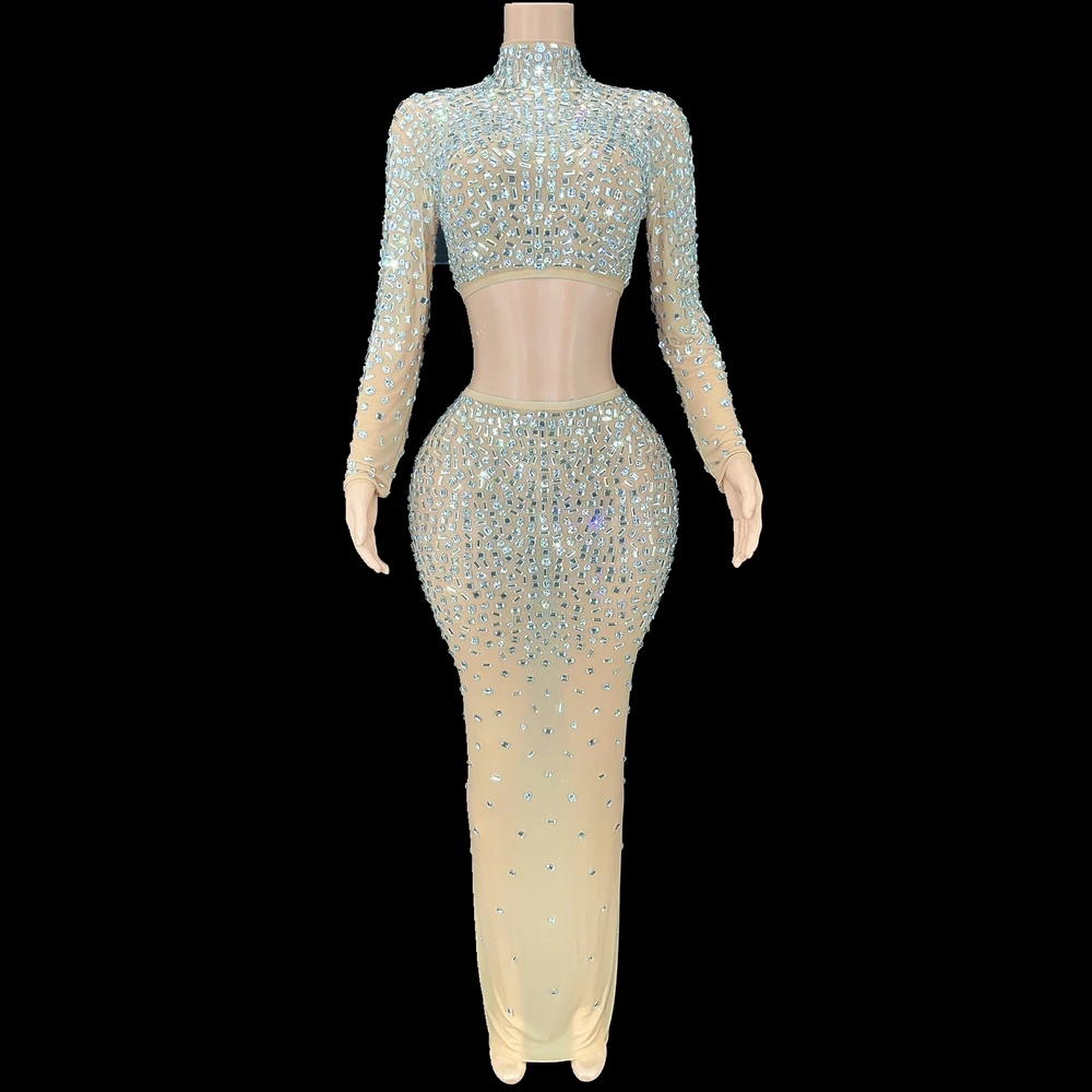 Sparkly Strass Top Lange Rok Sexy Transparante Stretchy Twee Stukken Set Vieren Avond Prom Gown Verjaardag Jurk Voor Vrouwen