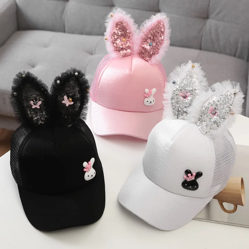 Cute Baby Hat With Ears Cartoon Rabbit Toddler Baseball Cap Sequins Kids Sun Hats Lace Infant Caps Children Accessories 1-3years