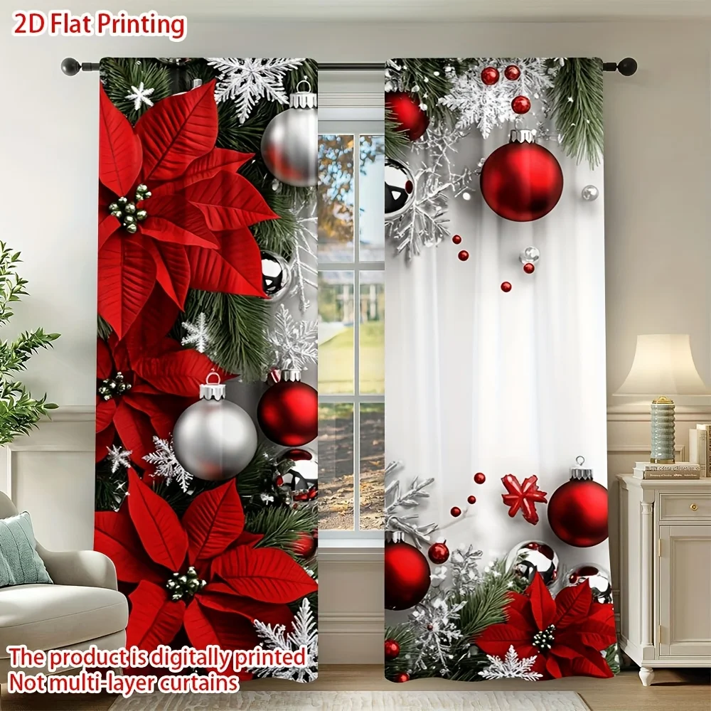 Christmas Poinsettia Snowflake Window Curtains Light Blocking Thermal Insulated 2 Panels