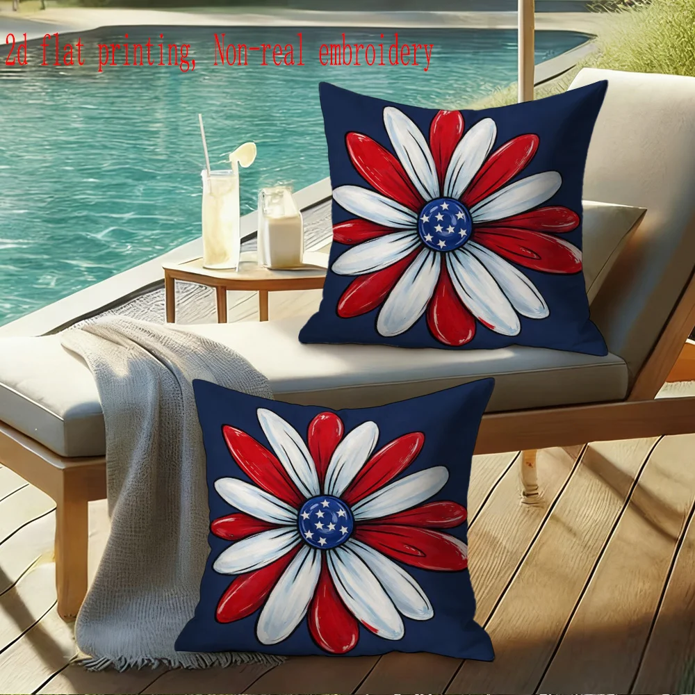 

2D Flat Set of 2 18x18 Inch 4th of July Patriotic Pillow Covers, Daisy Stars Stripes Faux Embroidery, No Inserts