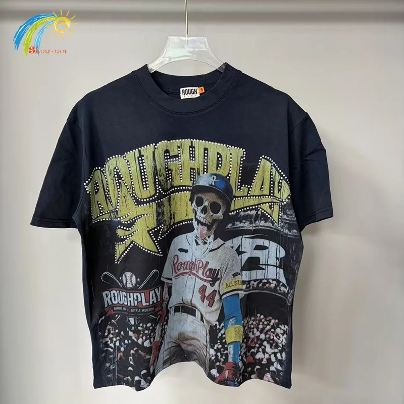 

Hip Hop Skeleton Pattern Print Rhinestone Logo RoughPlay T-Shirt Men Women Unisex Vintage Washed Black Tops Rough Play T Shirt