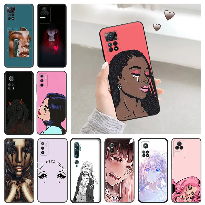 Soft Case for Redmi Note 11S 10S A3 10C 10A Xiaomi 14 11T Pro 10T 10 11 Lite Crying Sad Girl Cartoon Black Phone Cases Cover