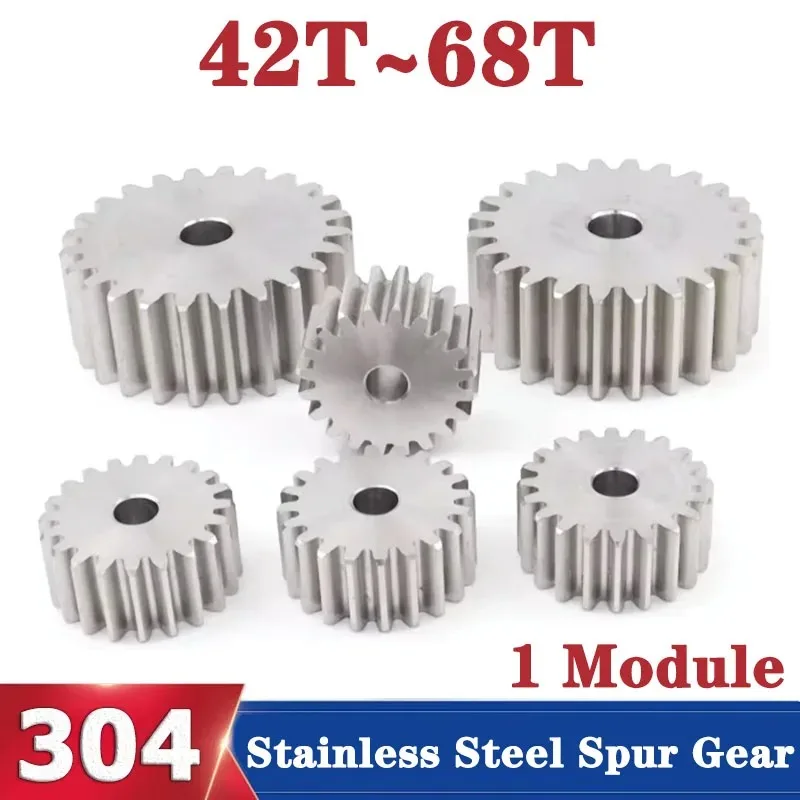 1pcs 42T-68T 304 Stainless Steel Spur Gear 1 Module 42/44/45/48/50/52/55/56/58/60/62/64/65/66/68 Teeth 1M Cylindrical Gears