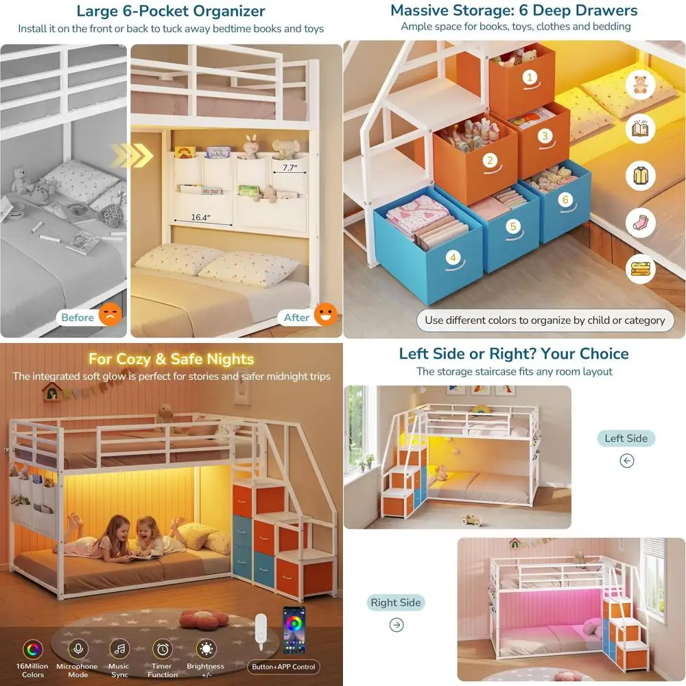 

Twin Over Twin Bunk Bed with 6 Drawers, 6-shelf Organizer, Reversible Stairs, LED Lights, Metal Frame, Safety Rails, White