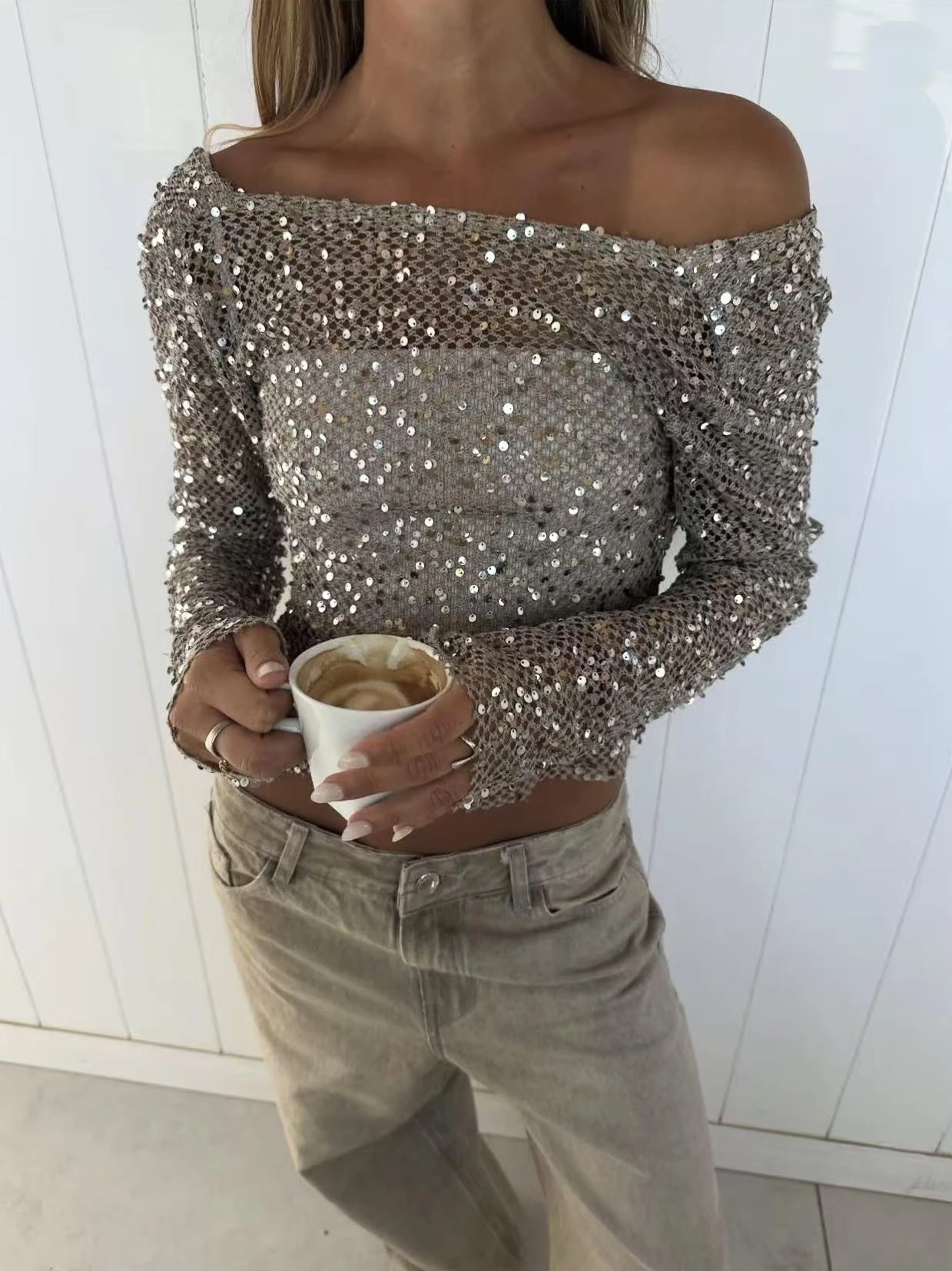 Khaki Sequined Fishing Net Two-Side Weared Summer Tops Women Sexy Long Sleeve See Though Crop Tanks High Street Women T-shirts