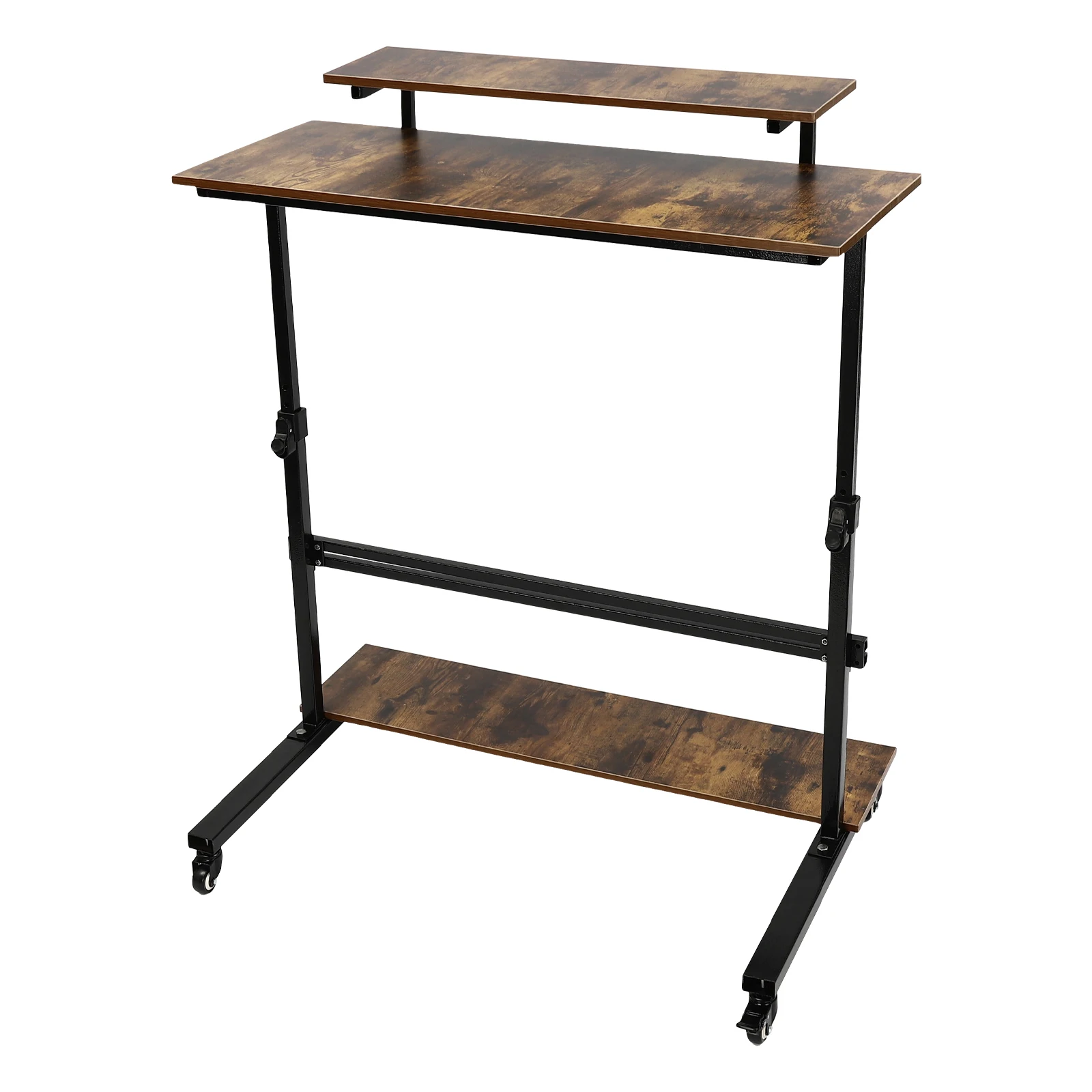 Mobile Stand Up Computer Workstation Height Adjustable with Wheels, 41 Inch Teak Standing Desk, 3 Tier Storage Rack for Office, Podium for Speaker, Laptop Table with Brakes, Sturdy Particle Board & Metal Frame