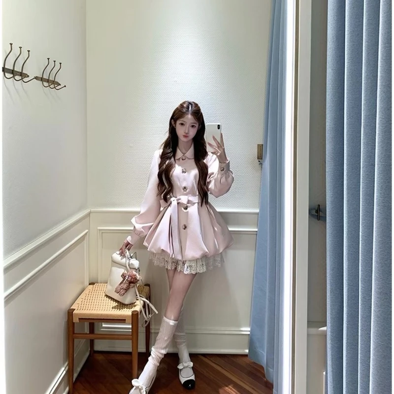 Japanese Sweet Lolita Trench Coat Women Pink Lantern Sleeve Turn Down Collar Slim Jackets Kawaii Mid Long Length Loose Outerwear - view 2