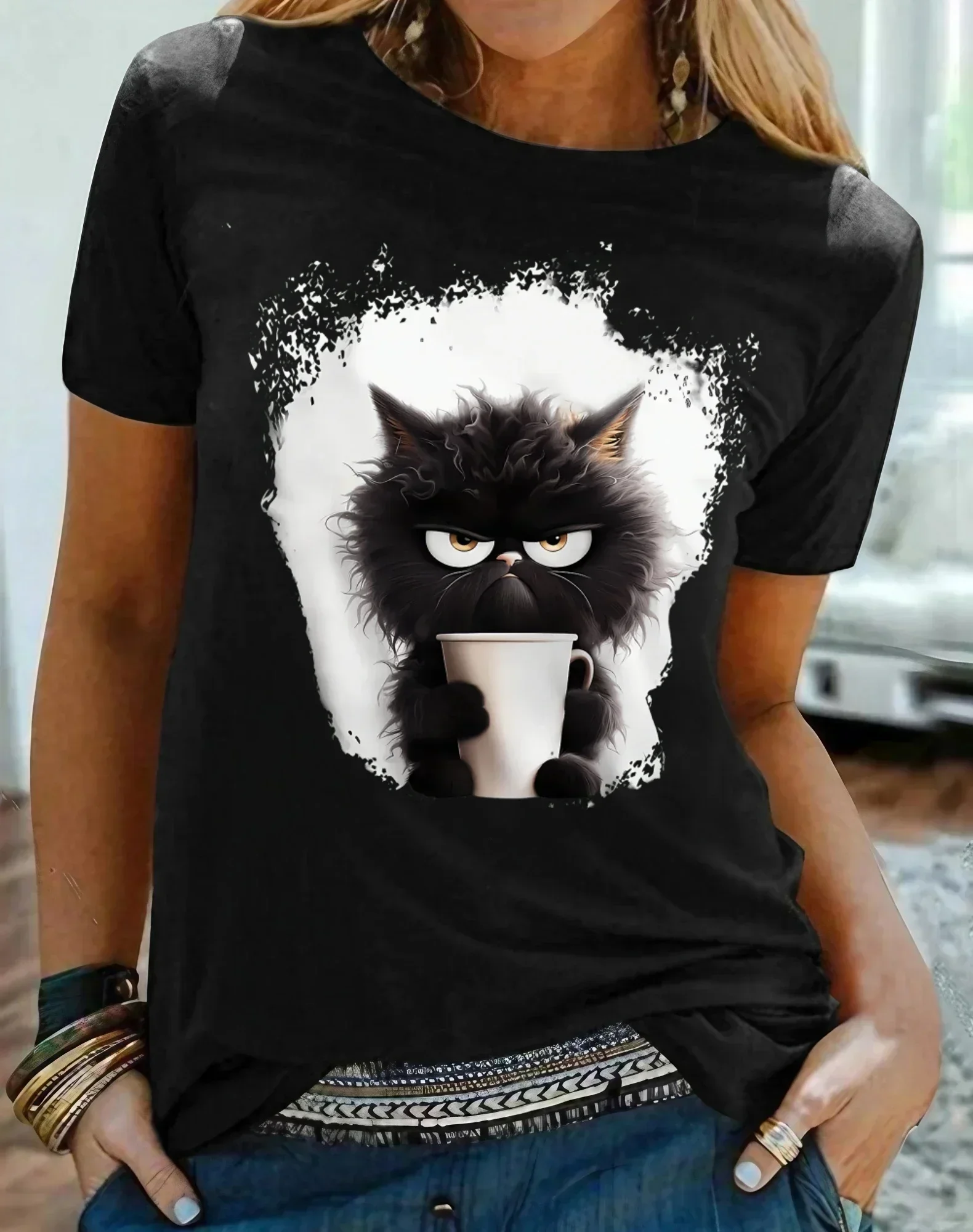 

Plus - Size Women's Black Short - Sleeve T - shirt, Black Cat with Cup Print, Cute & Comfortable