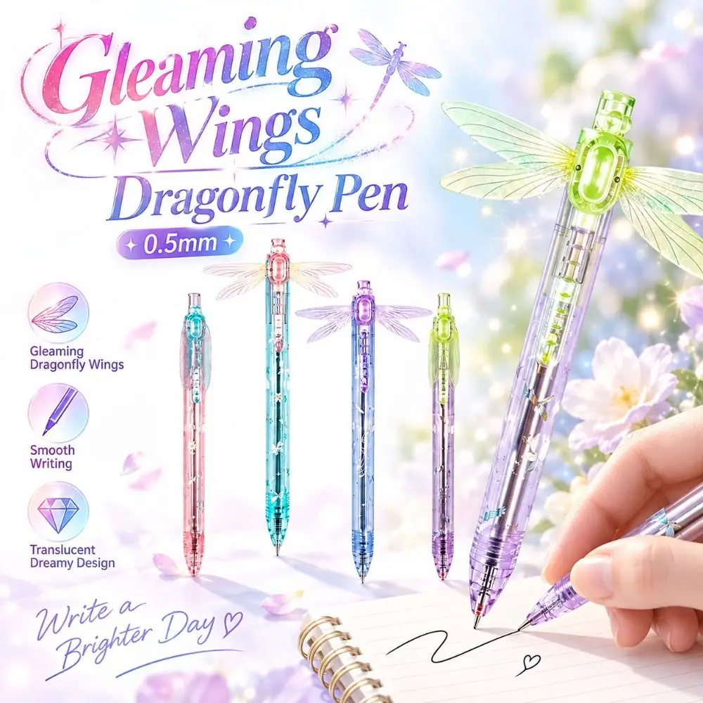 0.5mm Gleaming Wings Dragonfly Pen Smooth Writing Quick Drying Gel Pens Translucent Barrel Retractable