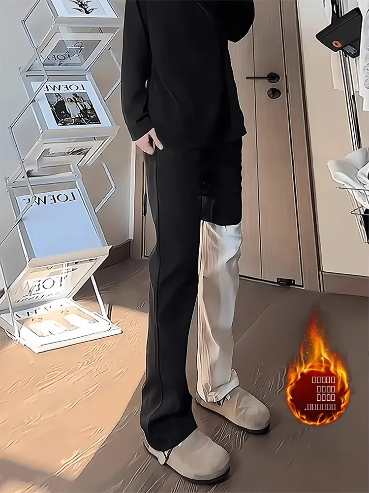 

Black Fleece Lined Thick Straight Leg Jeans Men's Autumn Winter High Street Cleanfit Flared Long Trousers Knife Design