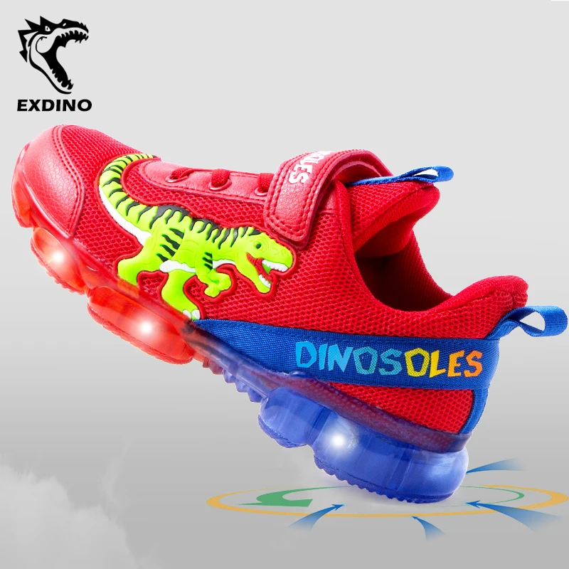 EXDINO Spring Autumn Children's Boys T-REX LED Shoes Mesh Breathable Kids Sole Light Up Outdoor Sports Glowing Sneakers EU 26-35