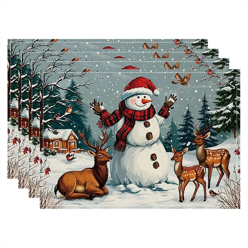 VIKAMA Linen Placemats Winter Snowman Reindeer, Blue White Red, Stain Resistant Easy to Clean, Dining Table Christmas