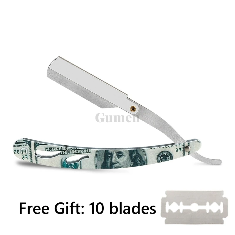 Men's Straight Edge Razors Pro Barber All Stainless Steel Folding Shaving Knife Salon Hair Removal Styling Tools With 10 Blades