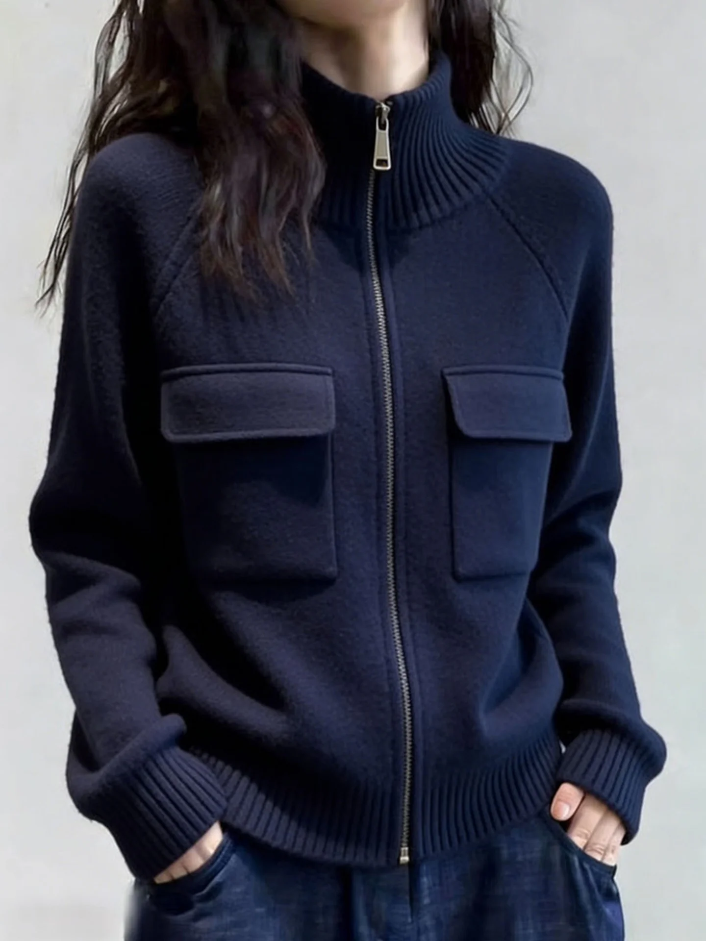 

Thickened Half-High Collar Pure Color Knitted Sweater Casual Commute Style Spring Early 2026 Women's Fashionable Open Cardigan