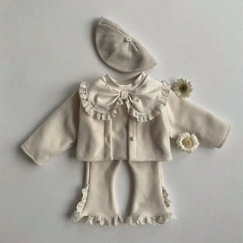 Baby Clothing Girls Casual Simple Pants Fleece Warm Baby Lace Flared Pants Autumn Winter Solid Color Kids Warm Cute Pants