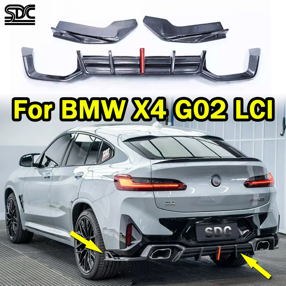 

X4 LCI Задний диффузор из настоящего углеродного волокна для BMW X4 G02 LCI 2022+ Диффузор заднего бампера из углеродного волокна со светодиодным стоп-сигналом 3 шт.