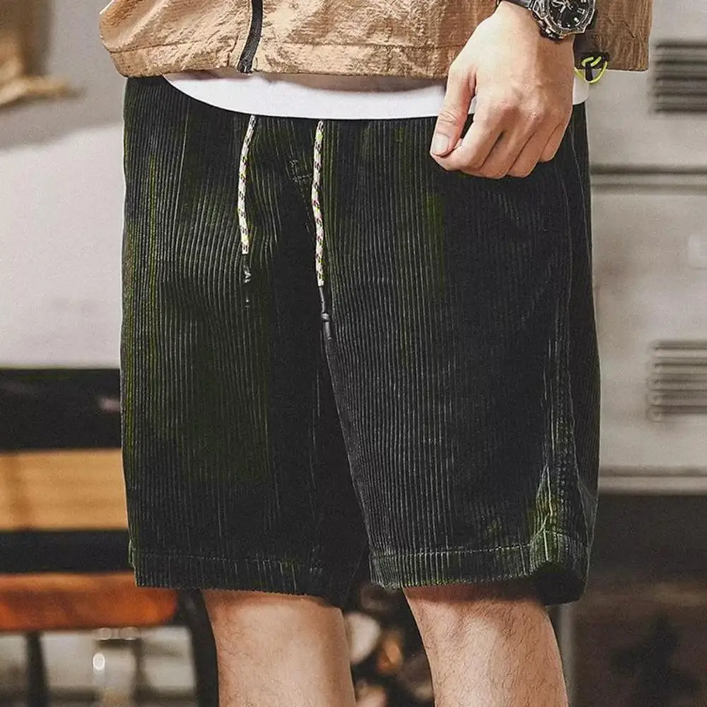 Men Summer Shorts Elastic Waist Adjustable Drawstring Casual Shorts Solid Color Wide Leg Corduroy Beach Shorts Pants 남자 반바지