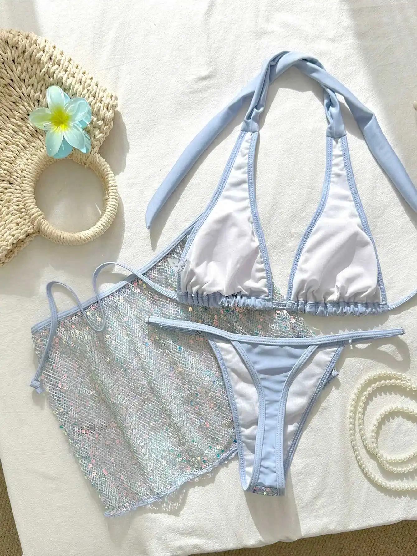 sexy glitter sequin halter tie bikinis sets 3pcs with mesh mini skirt swimsuits bathing suit beach outfits biquini tankini