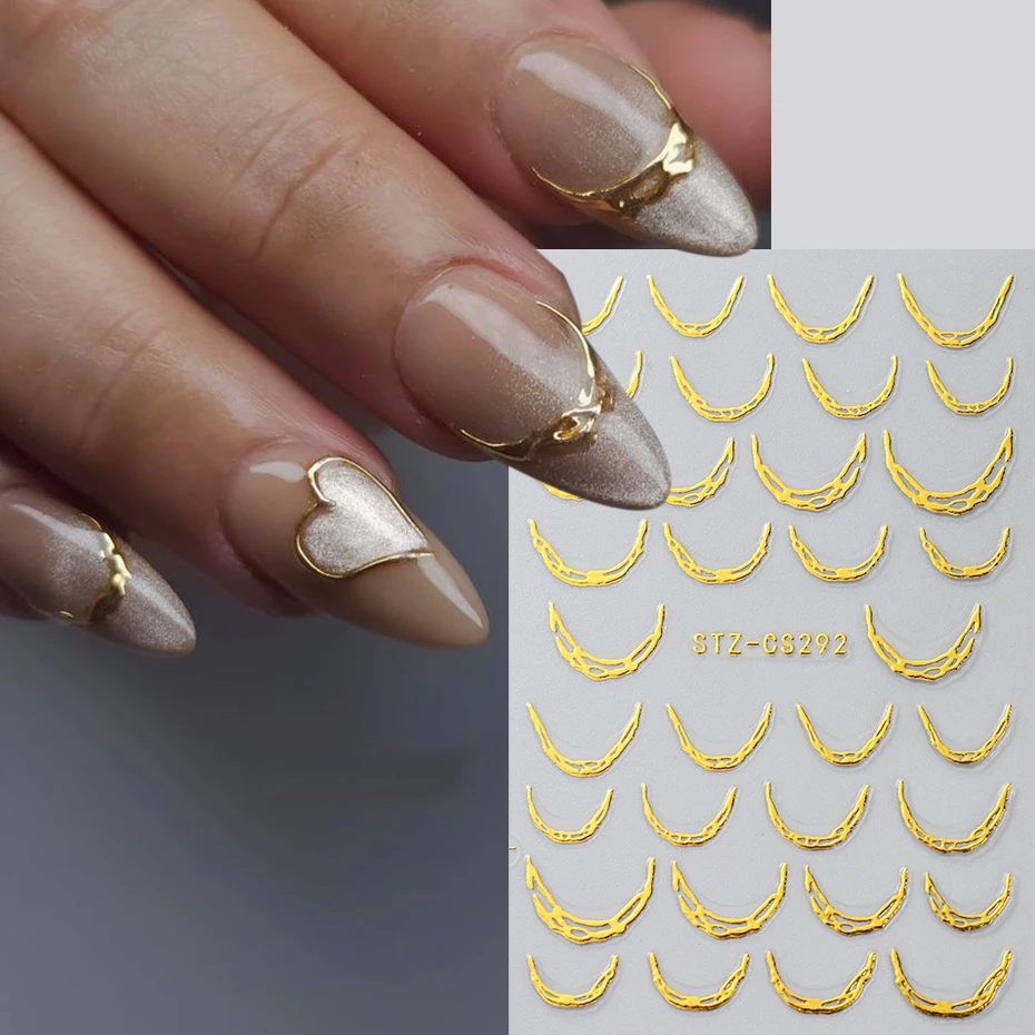 2개 골든 보우 노트 프렌치 라인 네일 스티커 크롬 효과 프렌치 웨이브 셀프 접착 데칼 네일 가을 네일 아트 데코