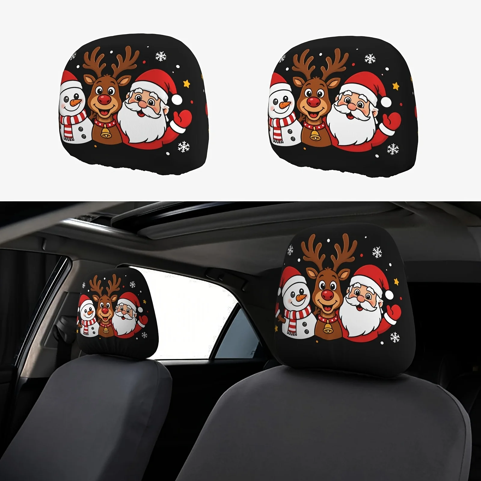 Christmas Cartoon Printed Headrest Covers Easy To Remove Holiday Atmosphere Car Headrest Covers