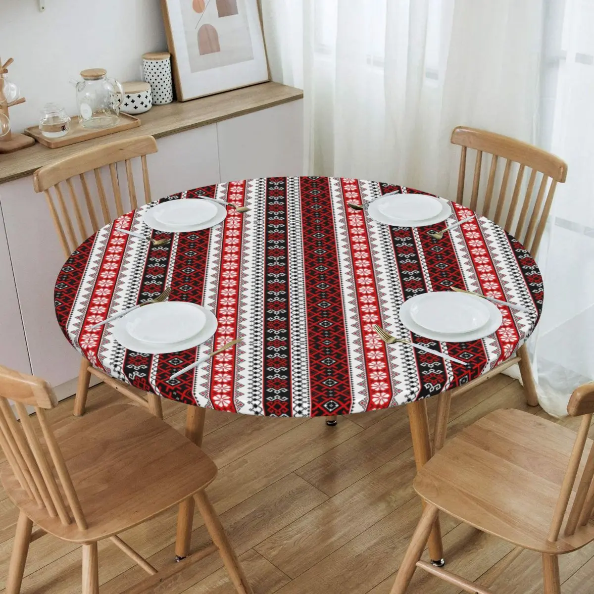 Round Oil-Proof Bold Colorful Ukraine Style Vyshyvanka Embroidery Tablecloth Edge Table Covers 40