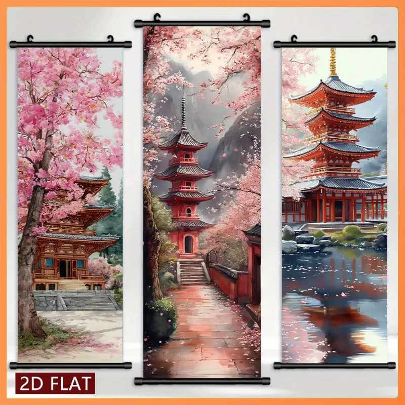 VIKAMA Pink Cherry Blossom Pagoda Wall Tapestry Red Tower Water Reflection Japanese Scroll Art Home Decor Lovely Gift Soft Cozy