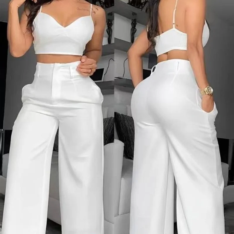 2 Piece Sets Womens Outifits Casual V-Neck Cami Crop Tops & White Fashion Hollow Out Wide Leg High Waist Pants Suits Female