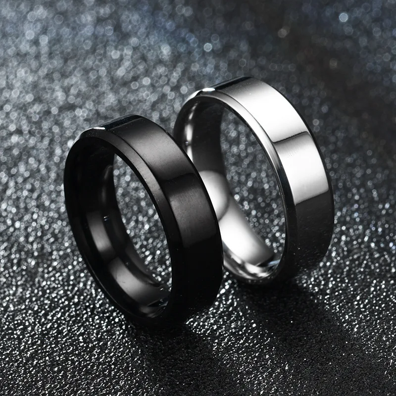 New Men's Stainless Steel Ring, 7mm Beveled Edge Simple Plain Band Ring, Minimalist Jewelry Gift, Silver Gold Black US Size 7-12