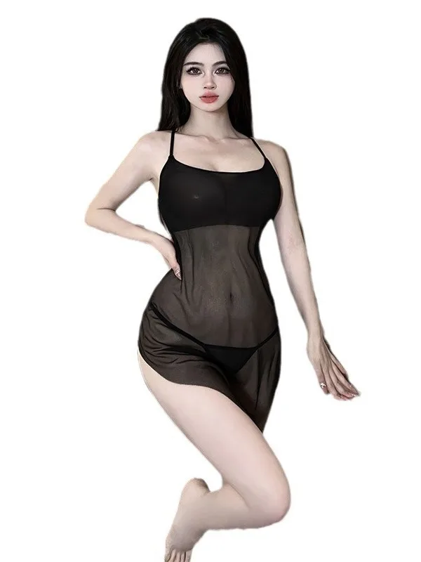 Renda pendurado pescoço irregular charme maduro elegante suave sólido preto estilingue saia tamanho grande transparente cama quente vestido sexy 8wyb