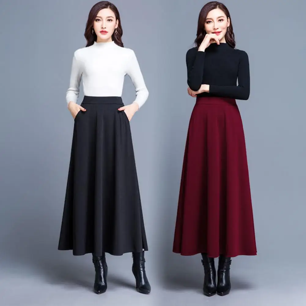 Elegant Skirt Side Pockets Large Hem A-Line Midi Skirt Autumn High Waist Party Skirt Winter Women Long Skirt Temperament Skirt