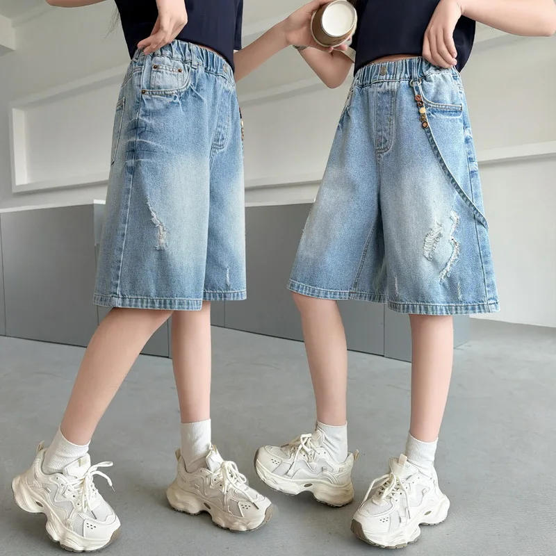 Summer New Children Knee-Length Denim Shorts with Hole for Teenage Girls Fashion Loose Fit Ripped Jeans Capris Kids Shorts