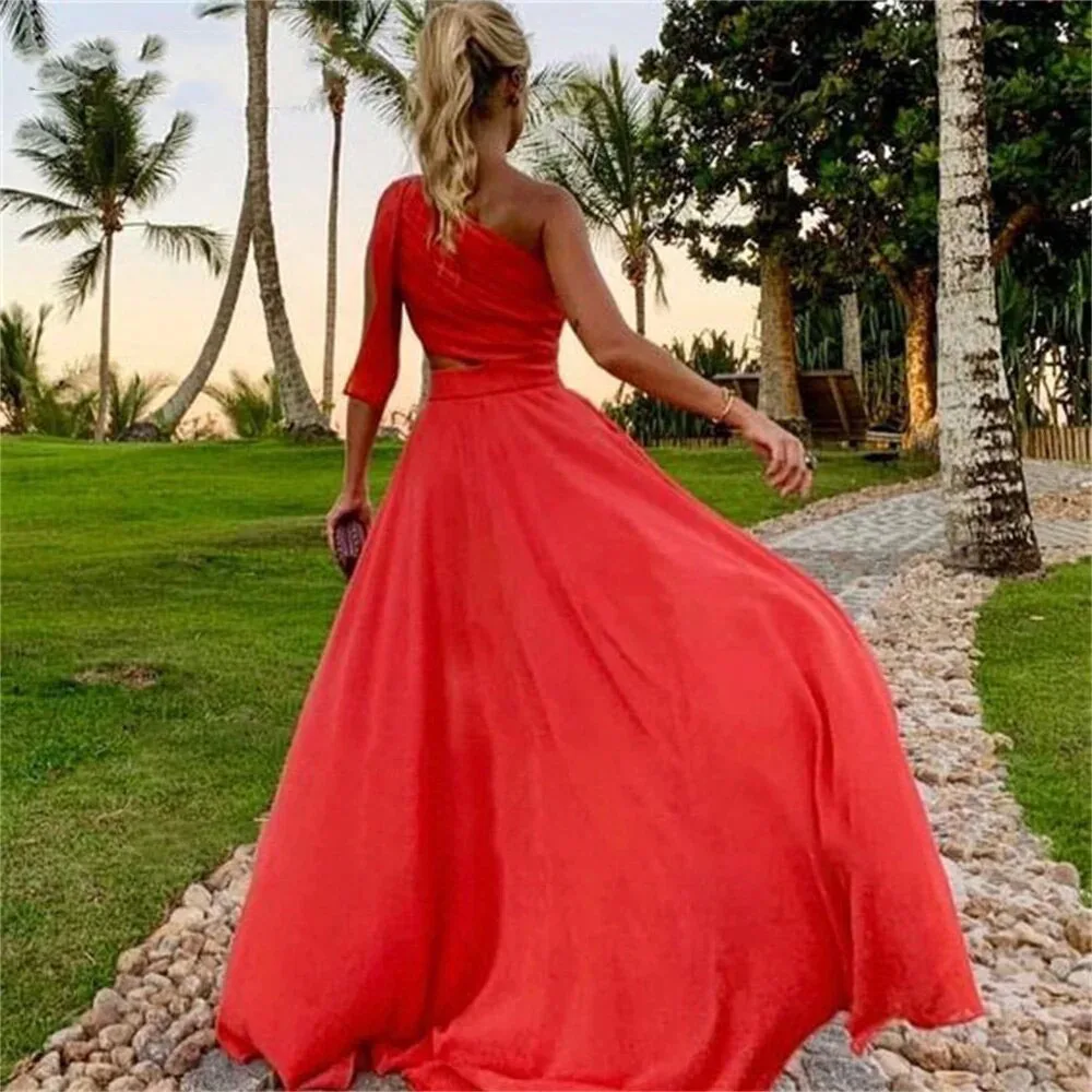 Fluindo vestido de baile Chiffon, Uma linha Prom Dresses, Um ombro vermelho longo vestido de noite, Vestidos de festa de casamento, Cortar vestido, CL-429