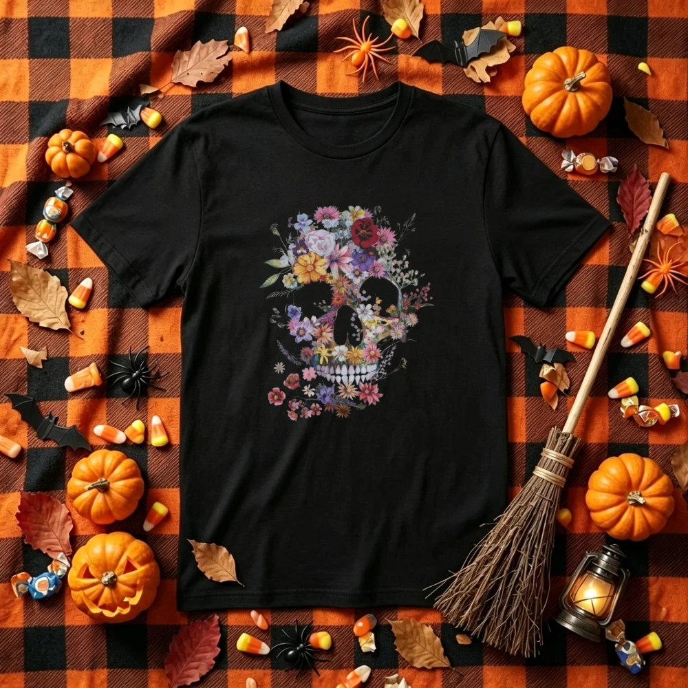 Vintage Floral Sugar Skull Graphic T‑Shirt Dia De Los Muertos Colorful Wild Flower Bouquet Skull Art Print Crew Neck Casual Tees