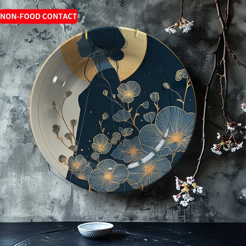 1pc Elegant Ceramic Decorative Plate - Navy Blue & Golden Floral Wall Hanging Dish or Tabletop Decor, Non-Food Contact