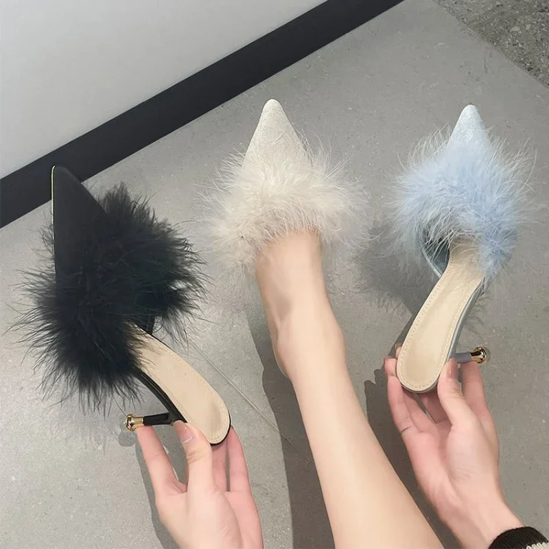 2024 New Women's Slippers Pointed Slim Heels Plush Shoes Women's Sexy High Heels Fashion Shoes