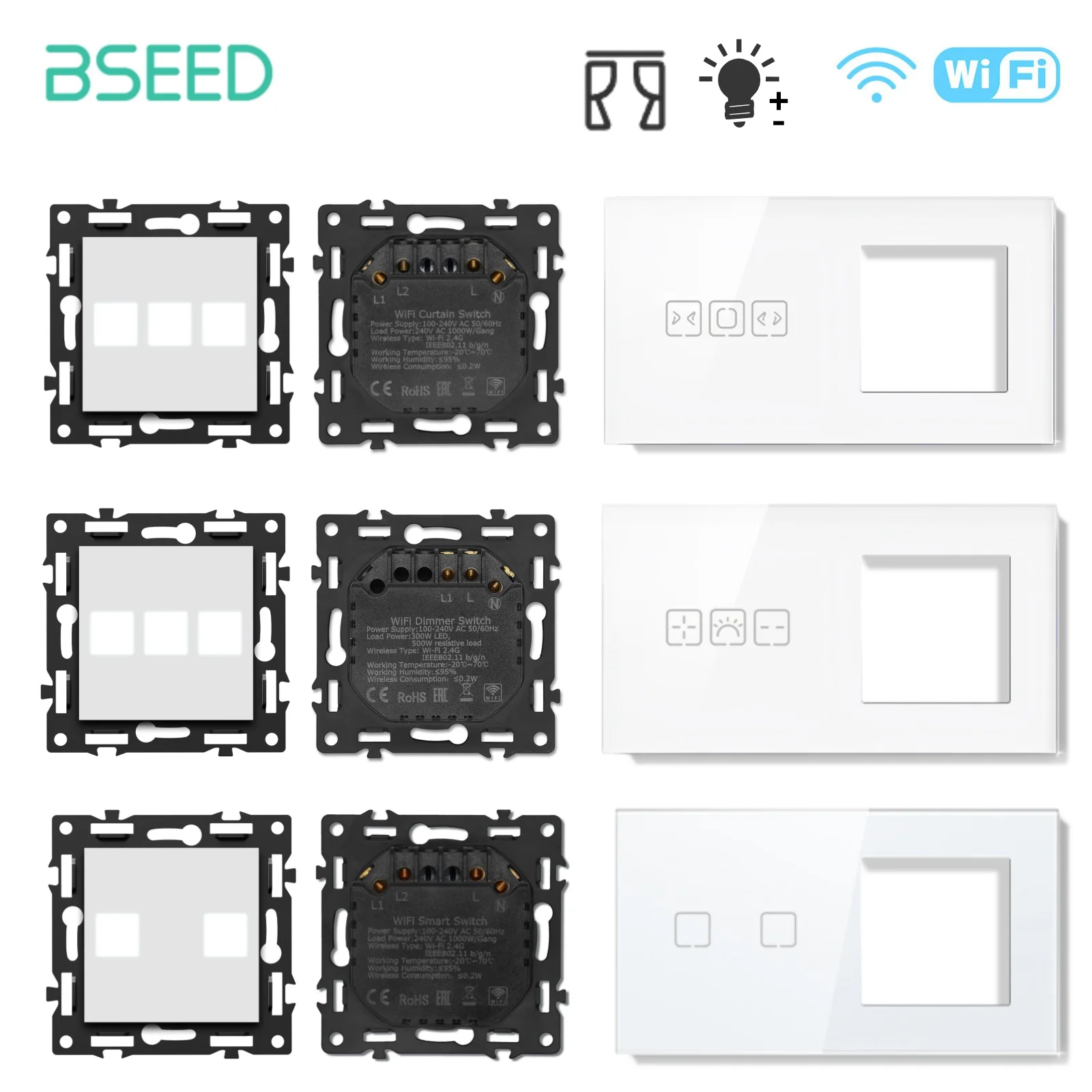 

BSEED WIFI сенсорный переключатель 1/2/3/4Gang стекло умный настенный светильник диммер для штор роликовый переключатель сенсорный экран панель DIY модуль E серии