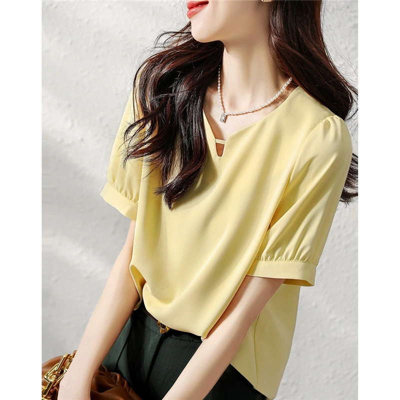 Women Summer Korean Fashion V Neck Hollow Elegant Blouse Yellow Sweet Short Sleeve Shirt Simple High Quality Chiffon Tops Blusas