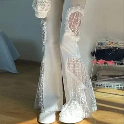 High Waist Flare Pants Women Fairycore Lace Sexy Cut Out Graphic Sense Spliced Pocket Lacework Elastic Waists Wide Leg Pant