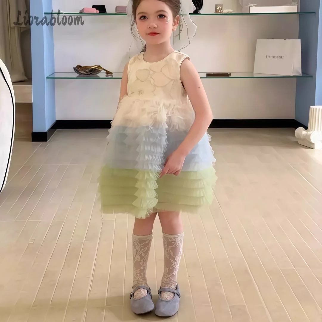 Girls' Multicolor Tulle Gown Embroidered Flower Girl Dress Wavy Hem Design Formal Party Dress Princess Gown Elegant Long Dress - view 3