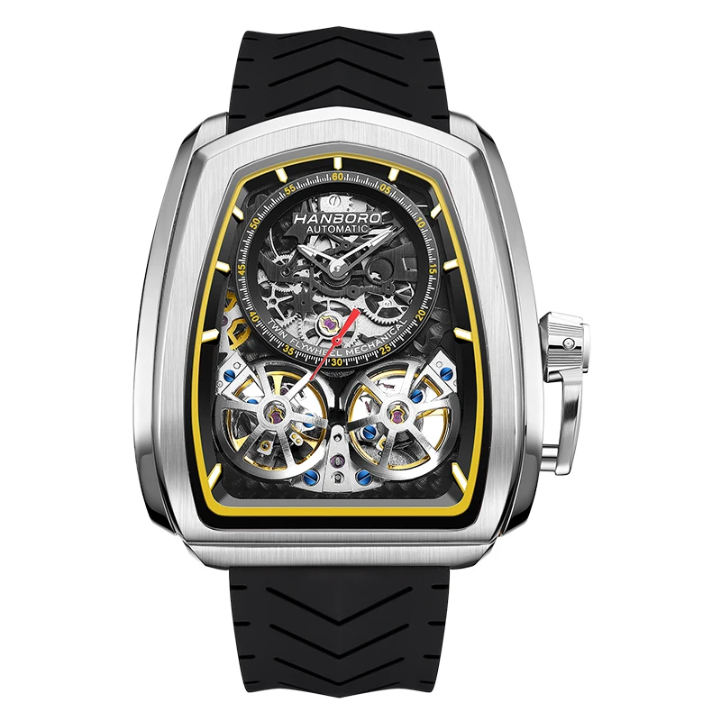 HANBORO Men Automatic Watch Watch 44mm Mechanical Wristwatch Luminous 50M Waterproof Skeleton Dual Flywheel Dial Shanghai JH33