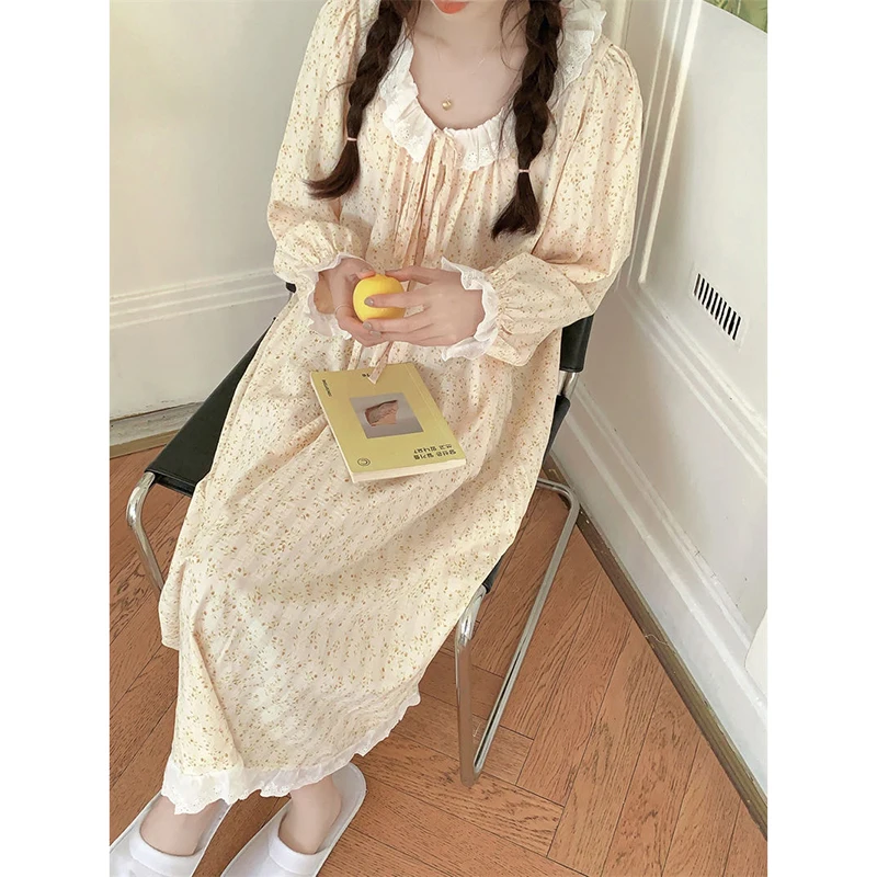 Floral Women Nightgown Korean Style Sleepwear Long Sleeve Night Dress Autumn Lace One Piece Pajamas Home Sleeping Wears New In