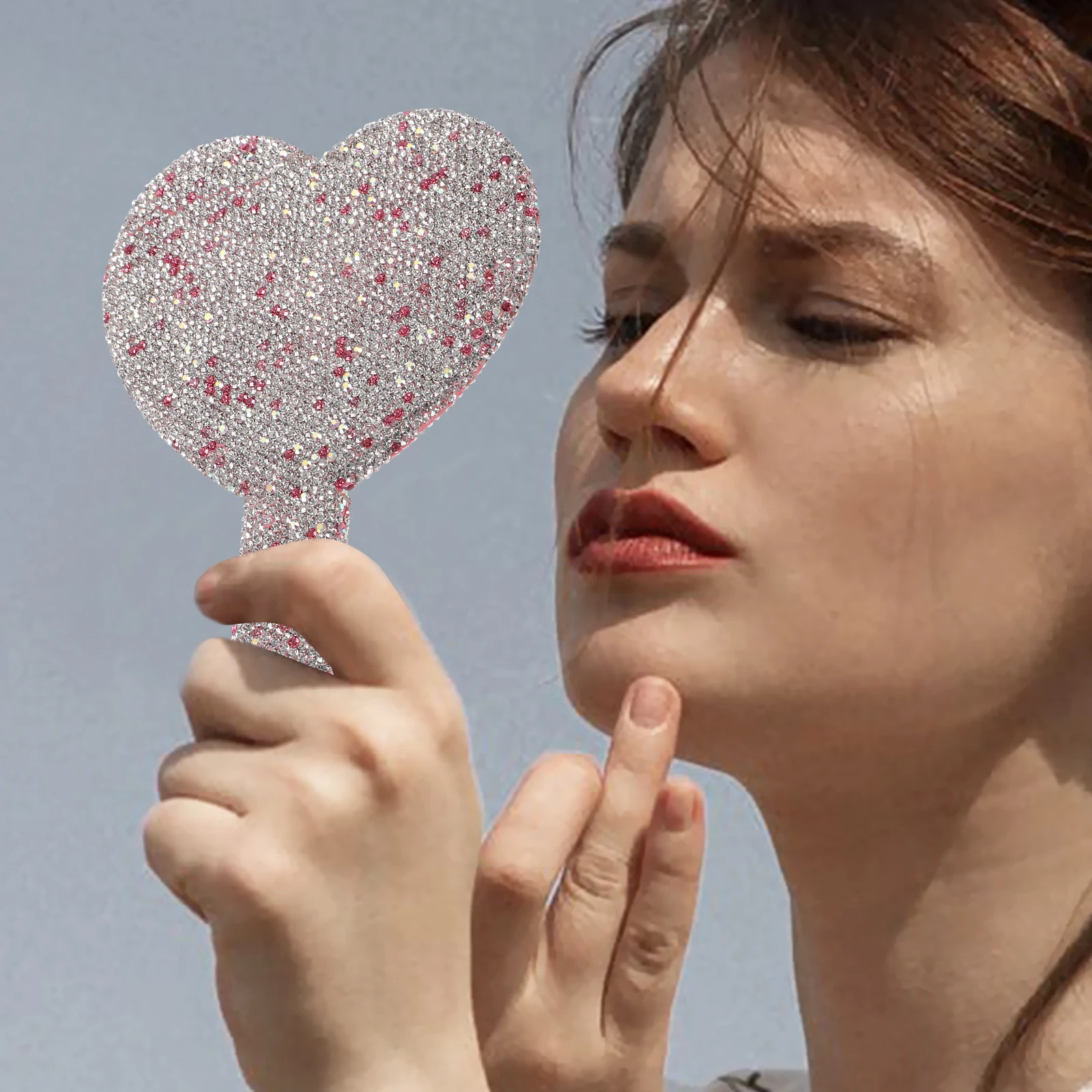 Heart Shaped Purse Mirror with Handle Rhinestone Design Hd Reflection Stylish and Portable for Travel Use Heart Shaped Mirror