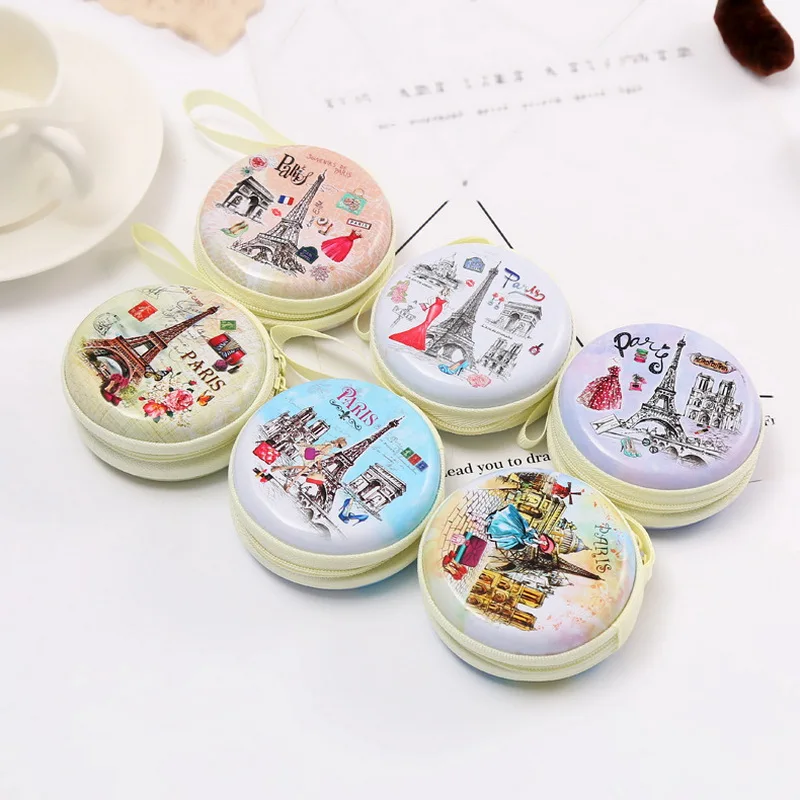 12 Pcs Creative Circular Tinplate Coin Purse, Cartoon Pencil Storage Box, Small  Earphones Line Mini Zipper Bag,Gift