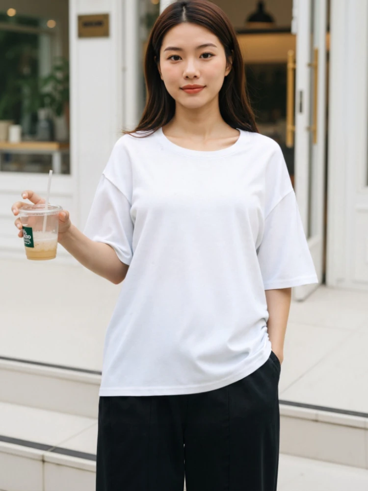 2026 Sommer Trendiges Lässiges Oberteil 220g Baumwolle Locker Sitzend Kurzarm Damen T-Shirt O-Ausschnitt Einfarbig Vielseitige T-Shirts