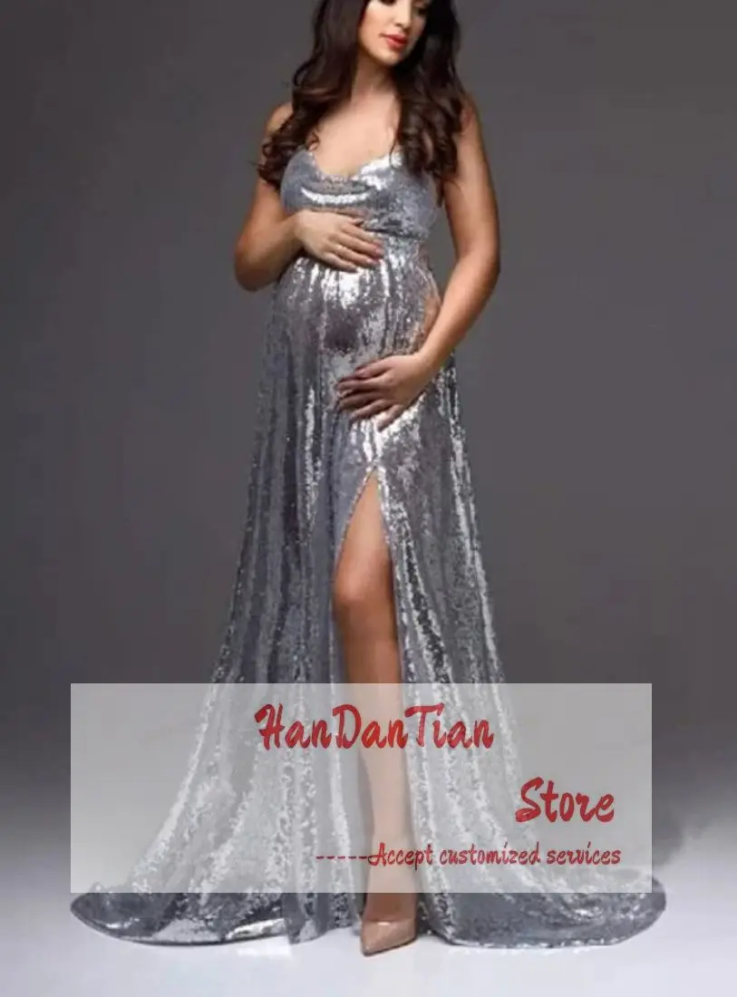 Women's Sequin Maternity Dress for Photoshoot Side Slit Formal Prom Gown