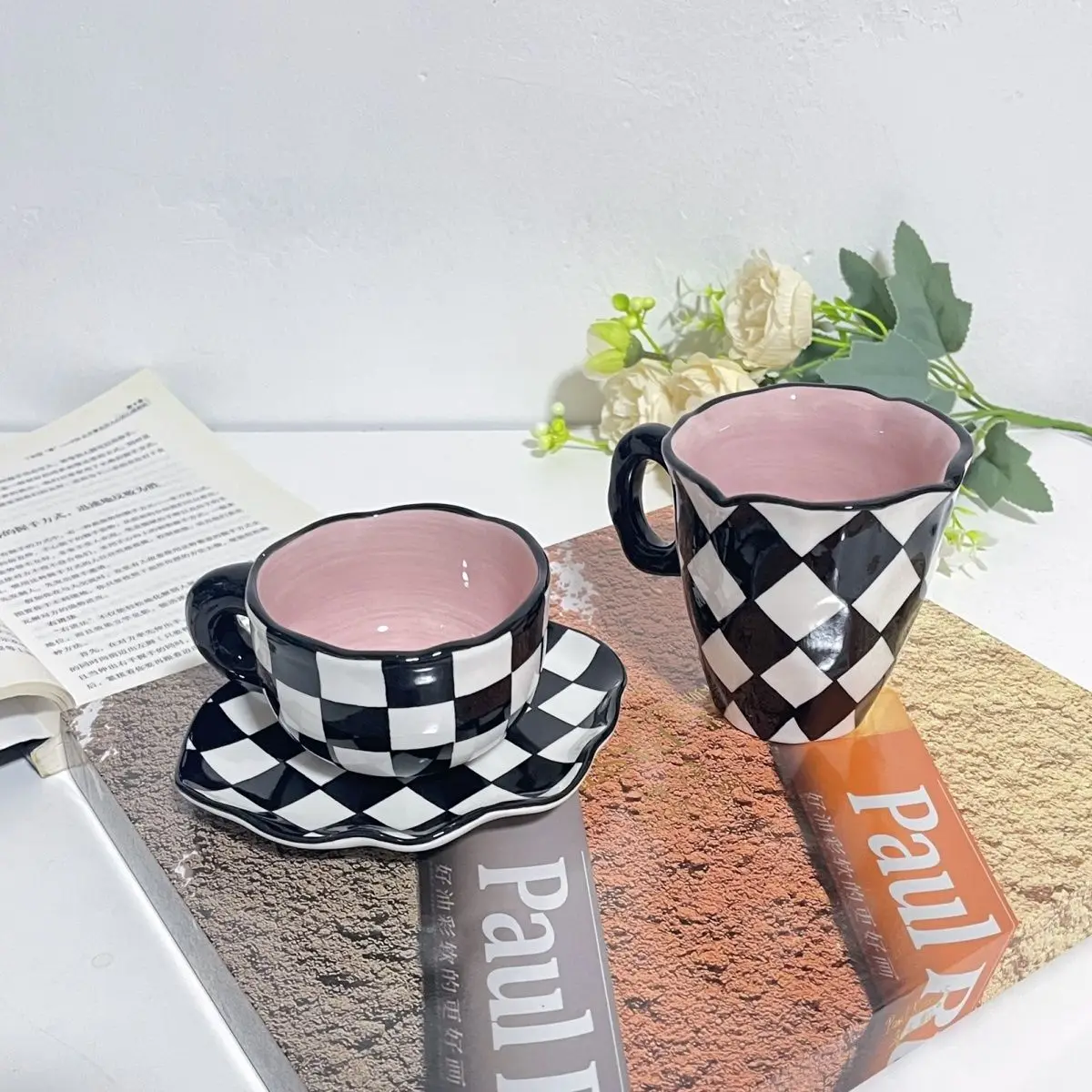 Black White Checkerboard, Water Cup, Ceramic, Hand-painted Ceramic Irregular Mug, Coffee Cups, High-value Gift for Friends