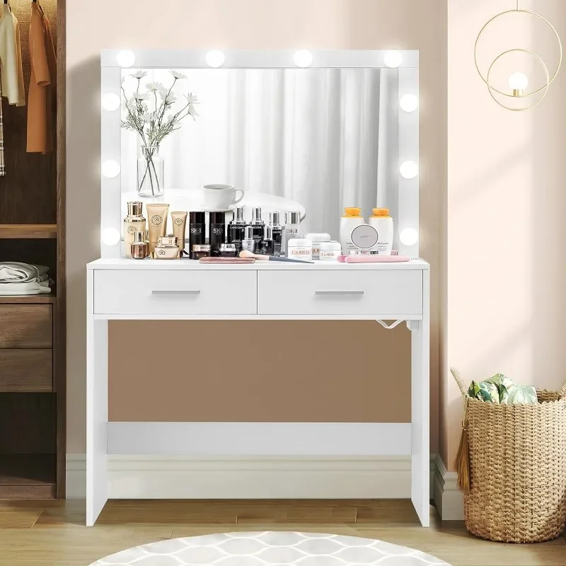 Vanity Desk with Large Lighted Mirror, Makeup Vanity with 10 Lights, 2 Drawers & Power Strip, Vanity Desk Set, Dressing