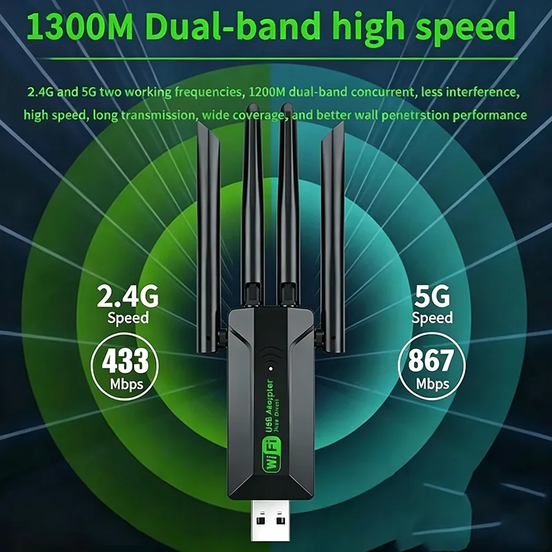  KEBIDUMEI 1300Mbps WiFi Network Card 2.4G/5Ghz Wi-Fi Dongle AX1300 USB 4-Antenna Wireless Receiver For PC/Laptop Driver Free