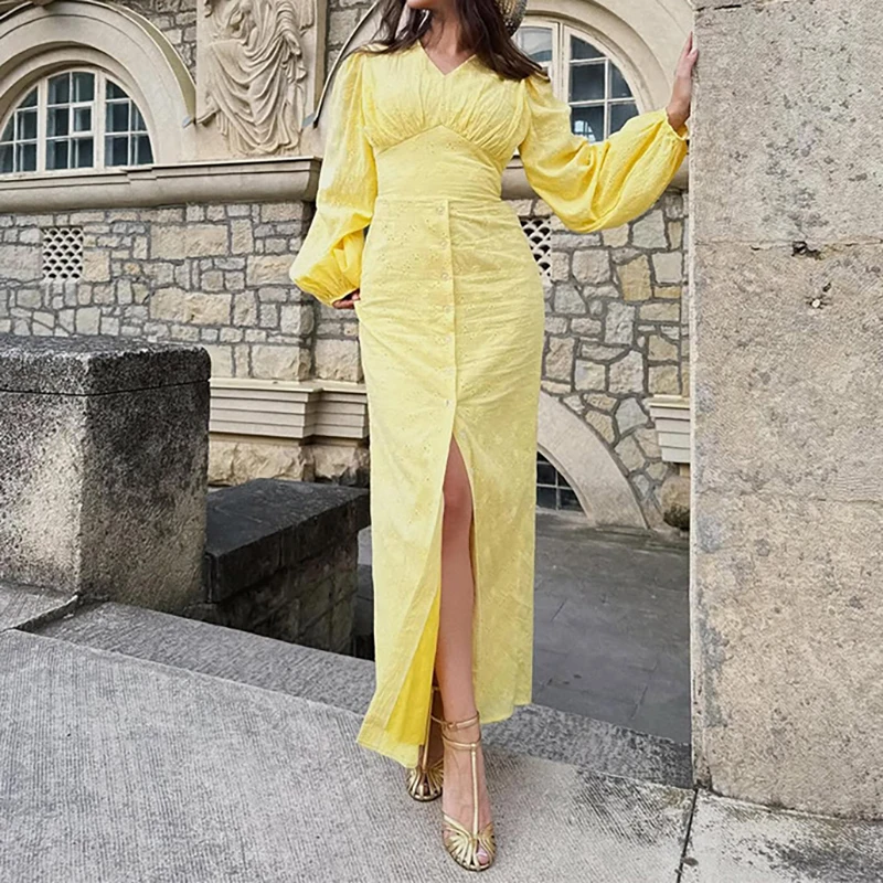 가을 휴가 브이넥 긴팔 드레스 시크한 단색 하이웨이스트 슬릿 여성 드레스 2025 우아한 자카드 비치 맥시 드레스